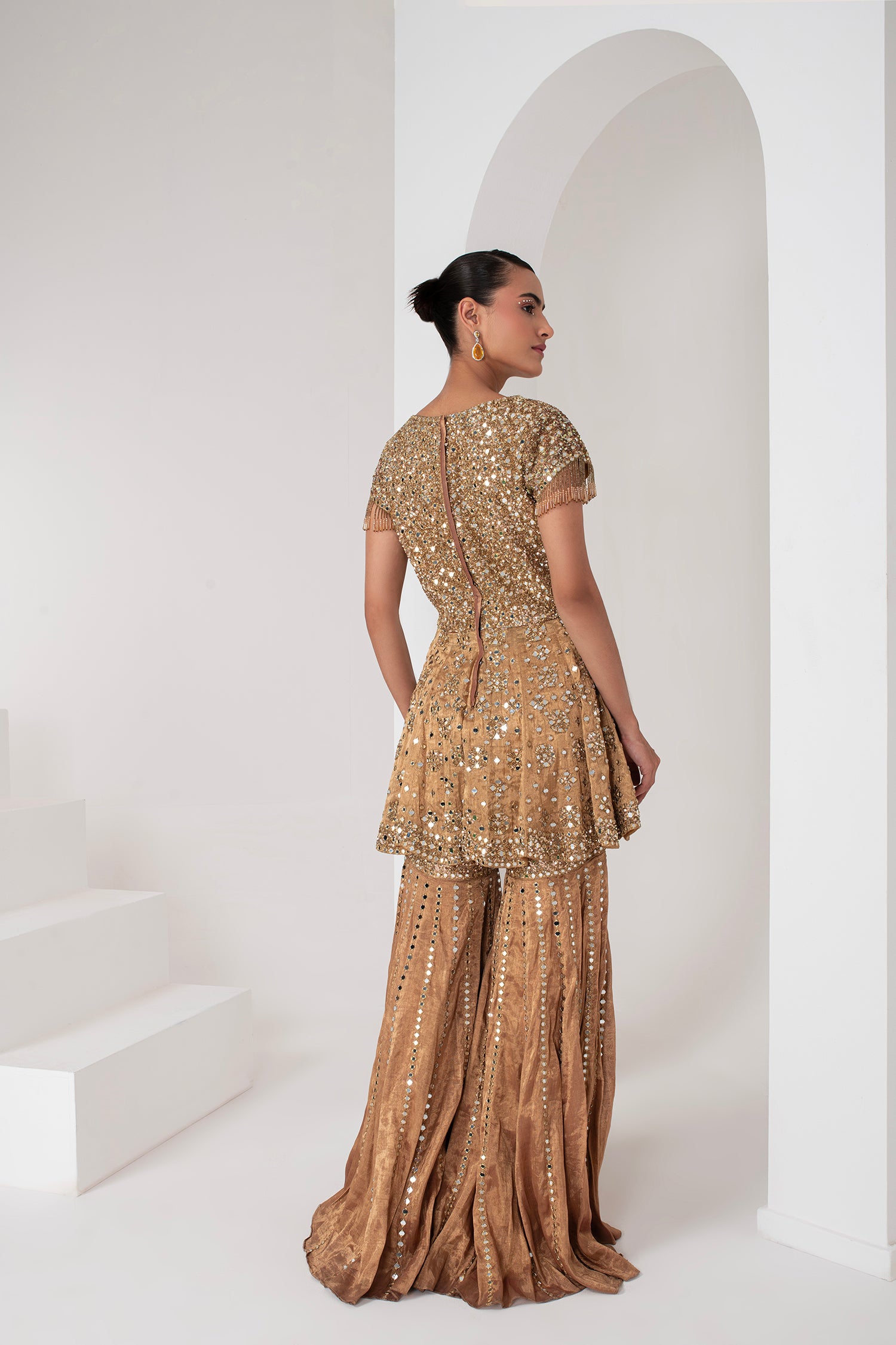 Gold tissue short embellished shirt & Sharara set