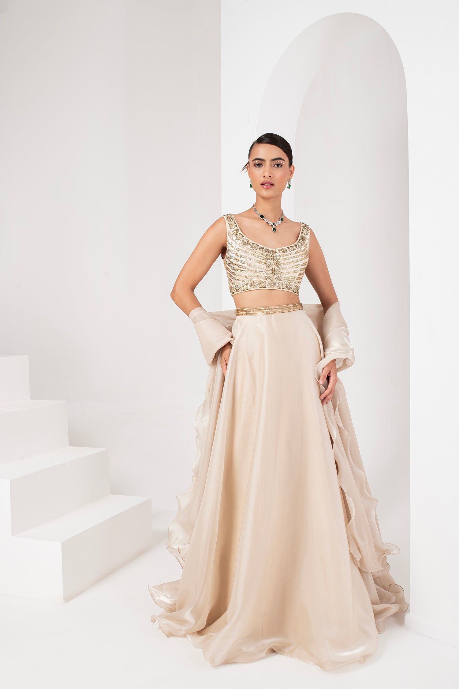 Ivory lehenga with ruffle dupatta