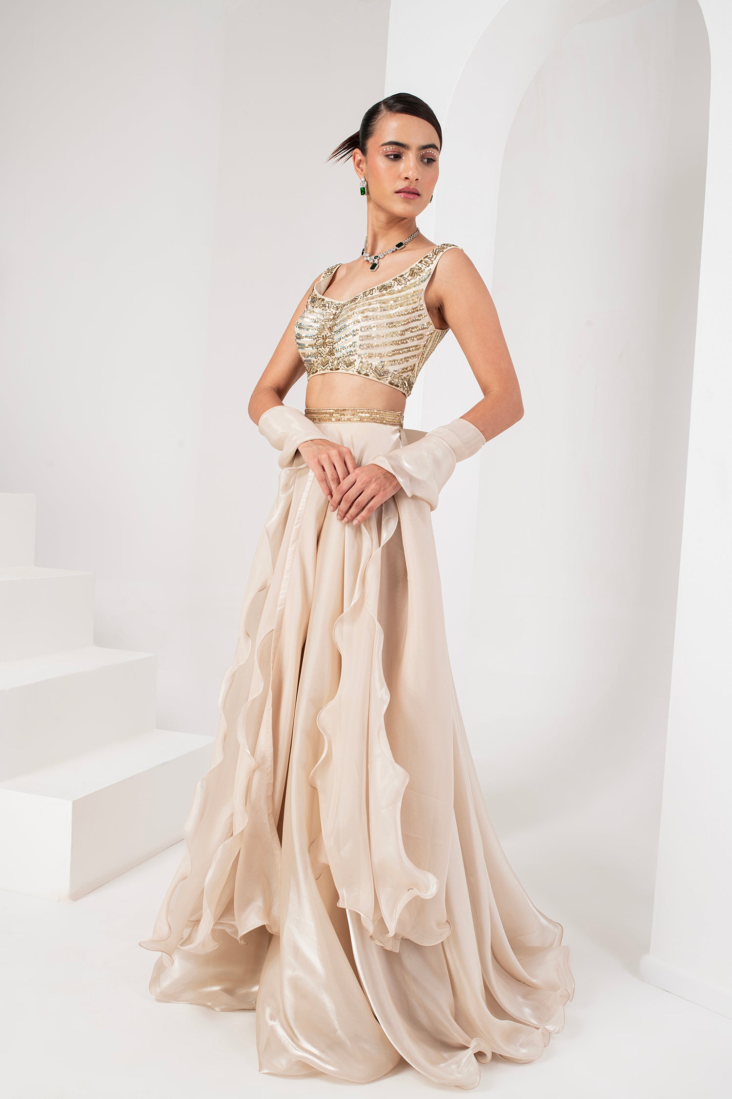 Ivory lehenga with ruffle dupatta