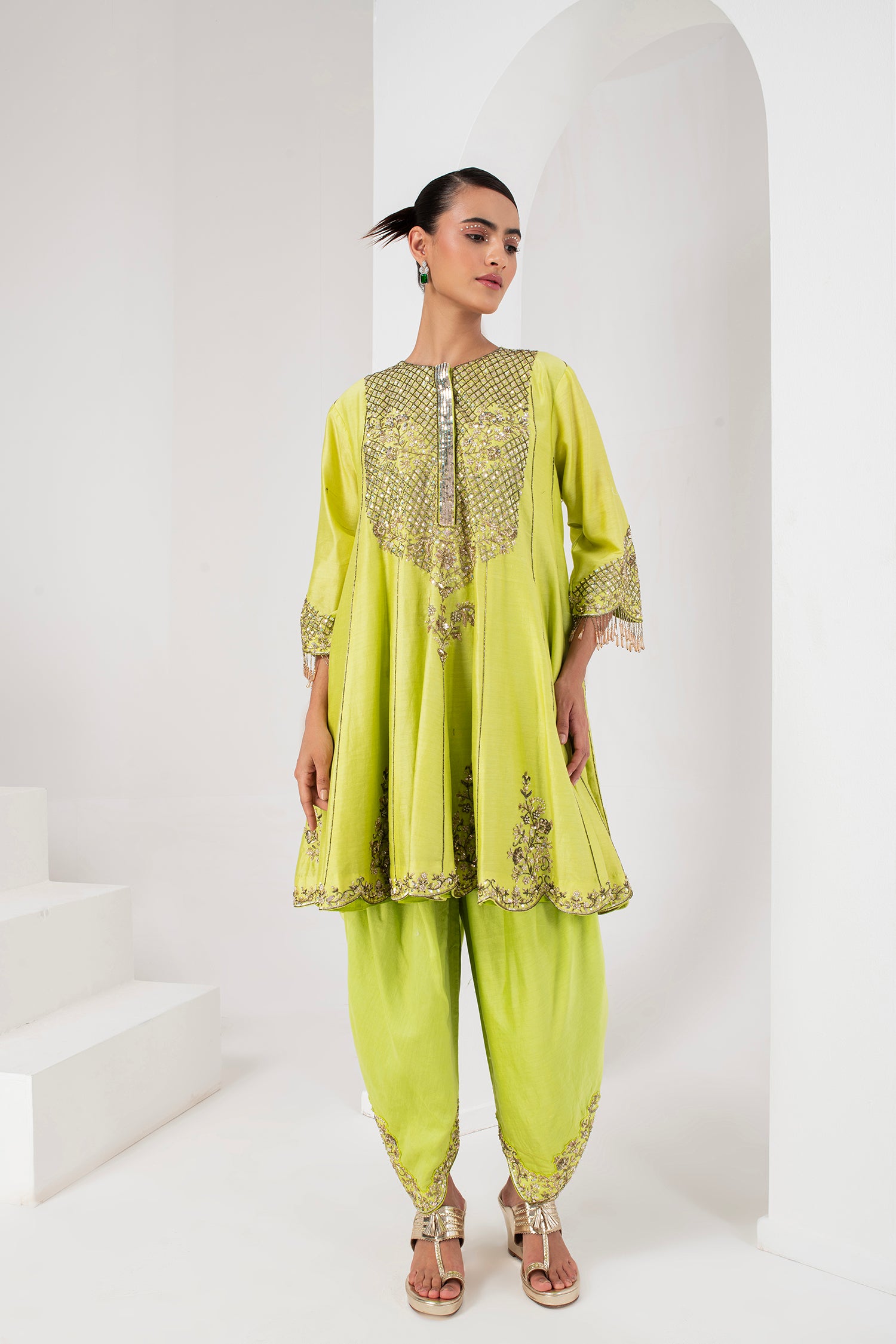 Lime green kalidaar short kurta , dhoti salwar & dupatta