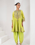 Lime green kalidaar short kurta , dhoti salwar & dupatta