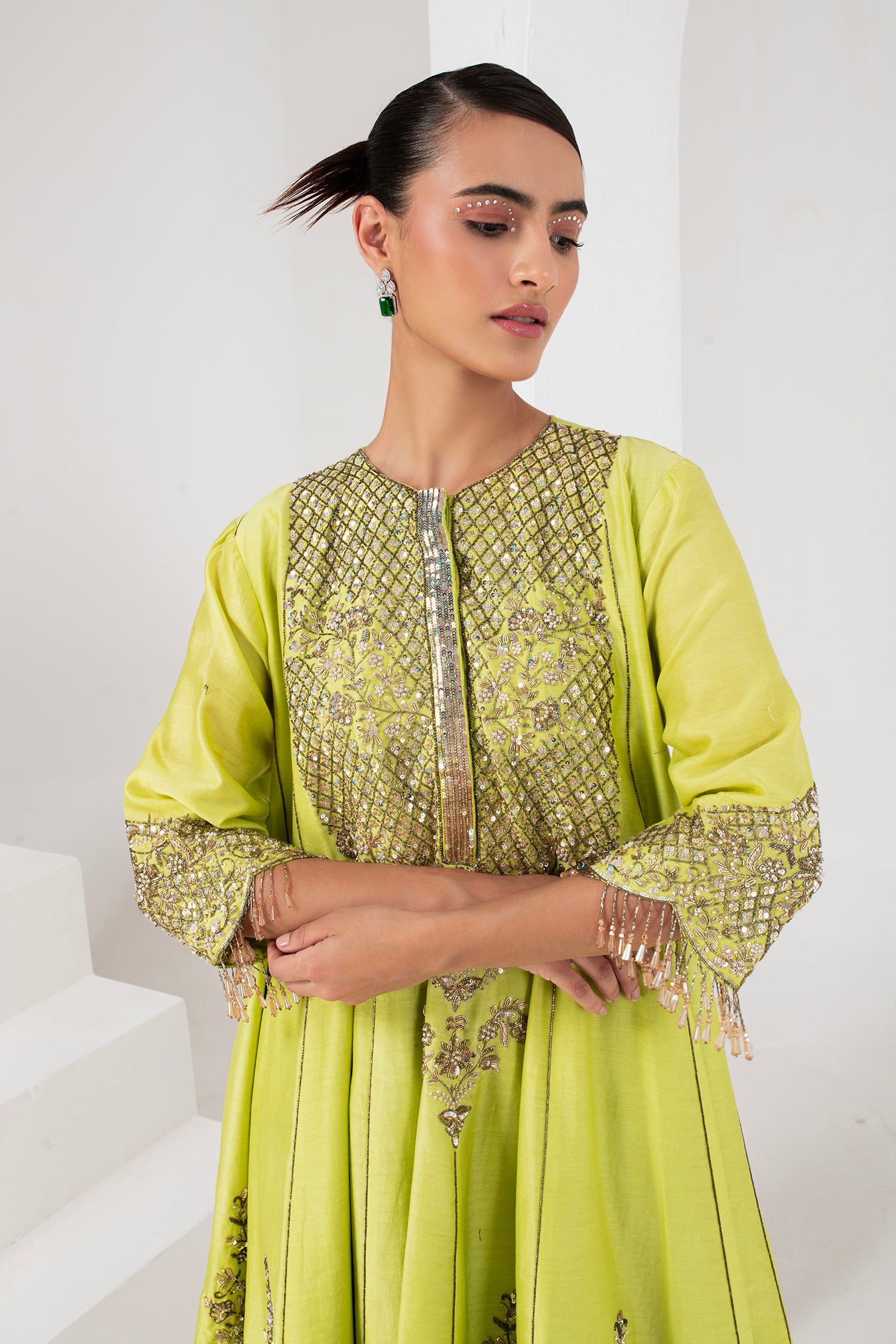 Lime green kalidaar short kurta , dhoti salwar & dupatta