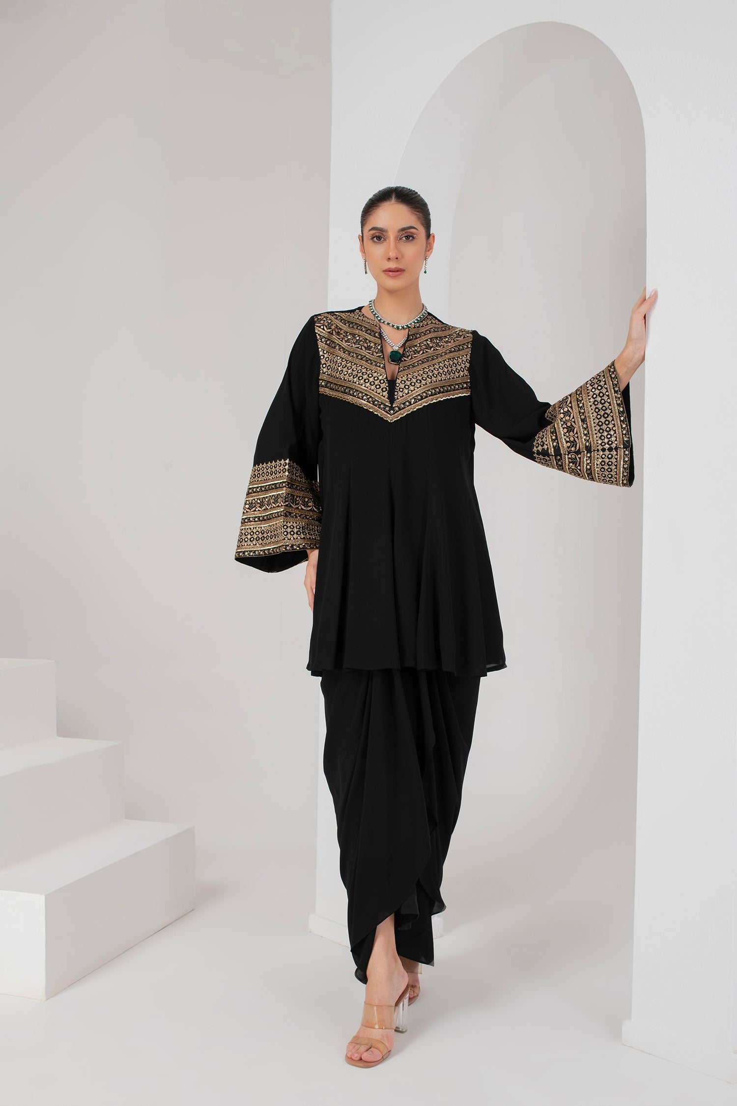 Black kalidar kurta & drape skirt set