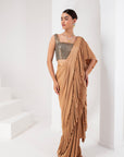 Grey & gold embellished blouse & draped saree