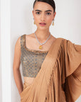 Grey & gold embellished blouse & draped saree