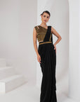 Black & gold embellished blouse, drape saree & belt