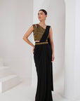 Black & gold embellished blouse, drape saree & belt