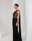 Black & gold embellished blouse, drape saree & belt