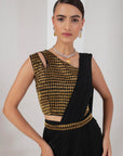 Black & gold embellished blouse, drape saree & belt