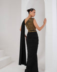 Black & gold embellished blouse, drape saree & belt
