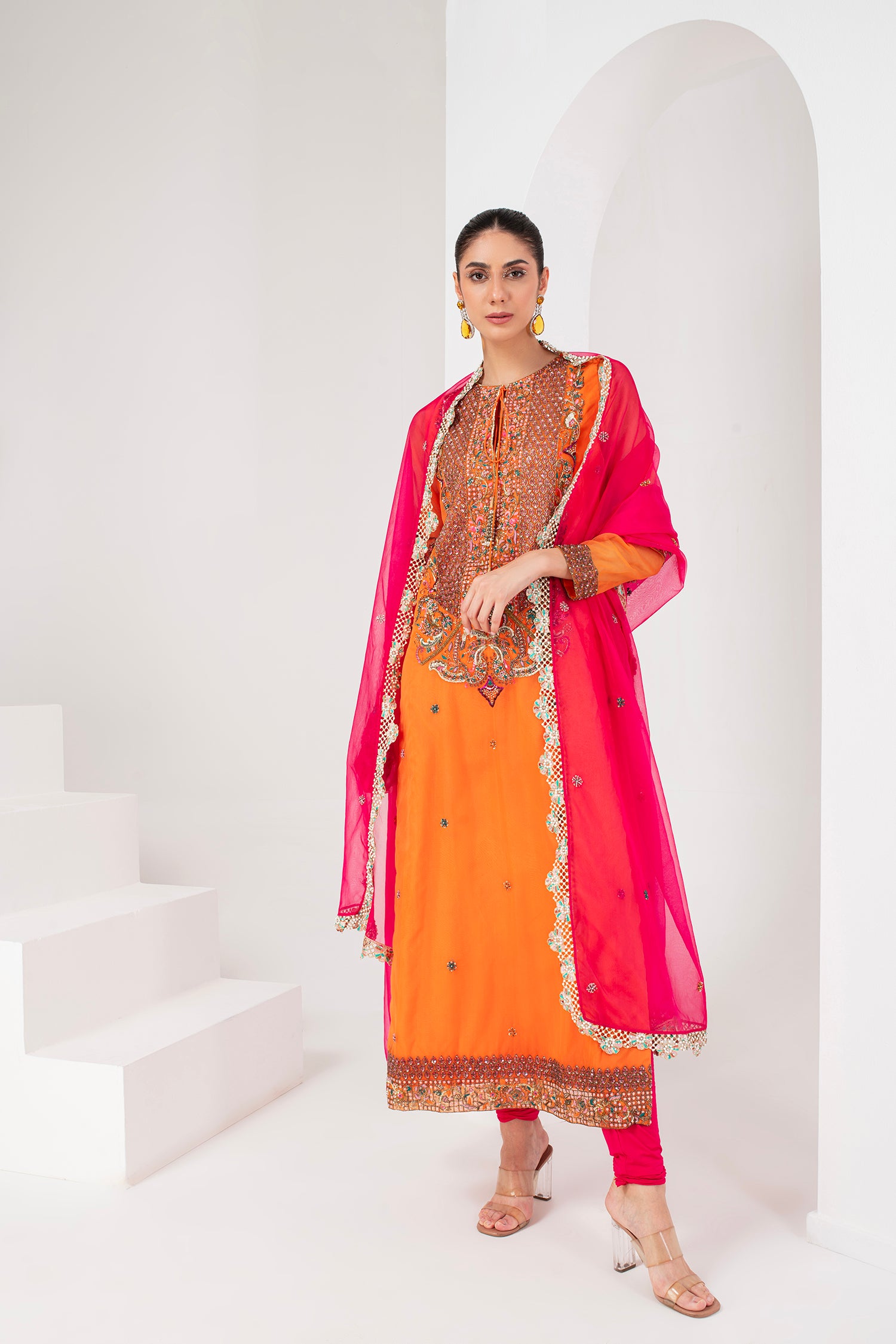 Orange & fascia pink Pakistani suit