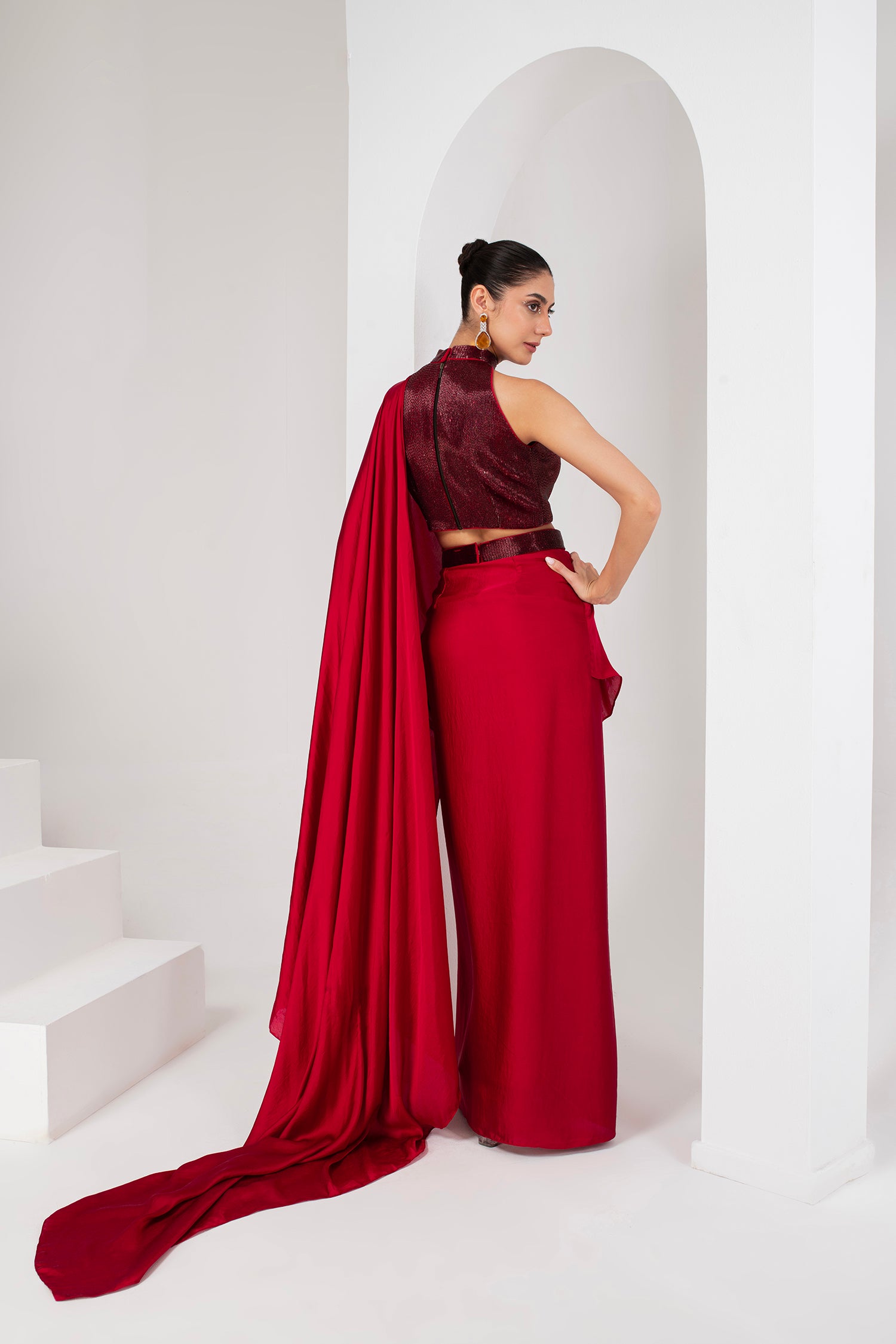 Red NALKI blouse, drape saree & belt