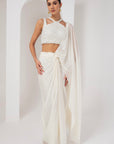 Ivory crystal embellished blouse & stitched saree