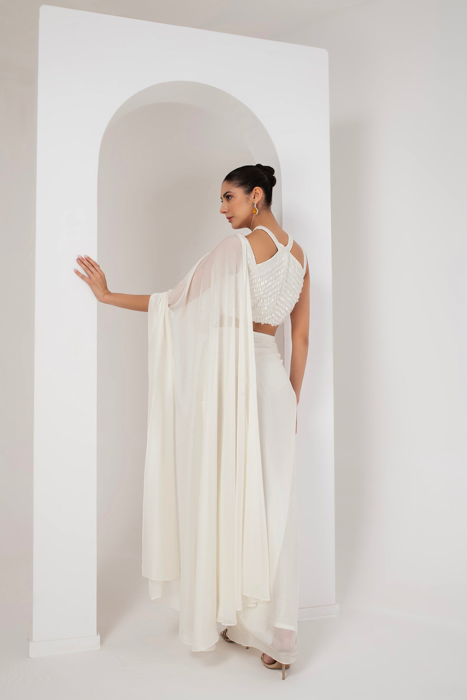 Ivory crystal embellished blouse & stitched saree