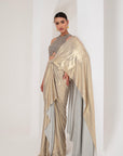Grey crystal embellished blouse & gold saree