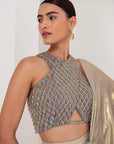 Grey crystal embellished blouse & gold saree