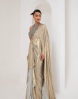 Grey crystal embellished blouse & gold saree