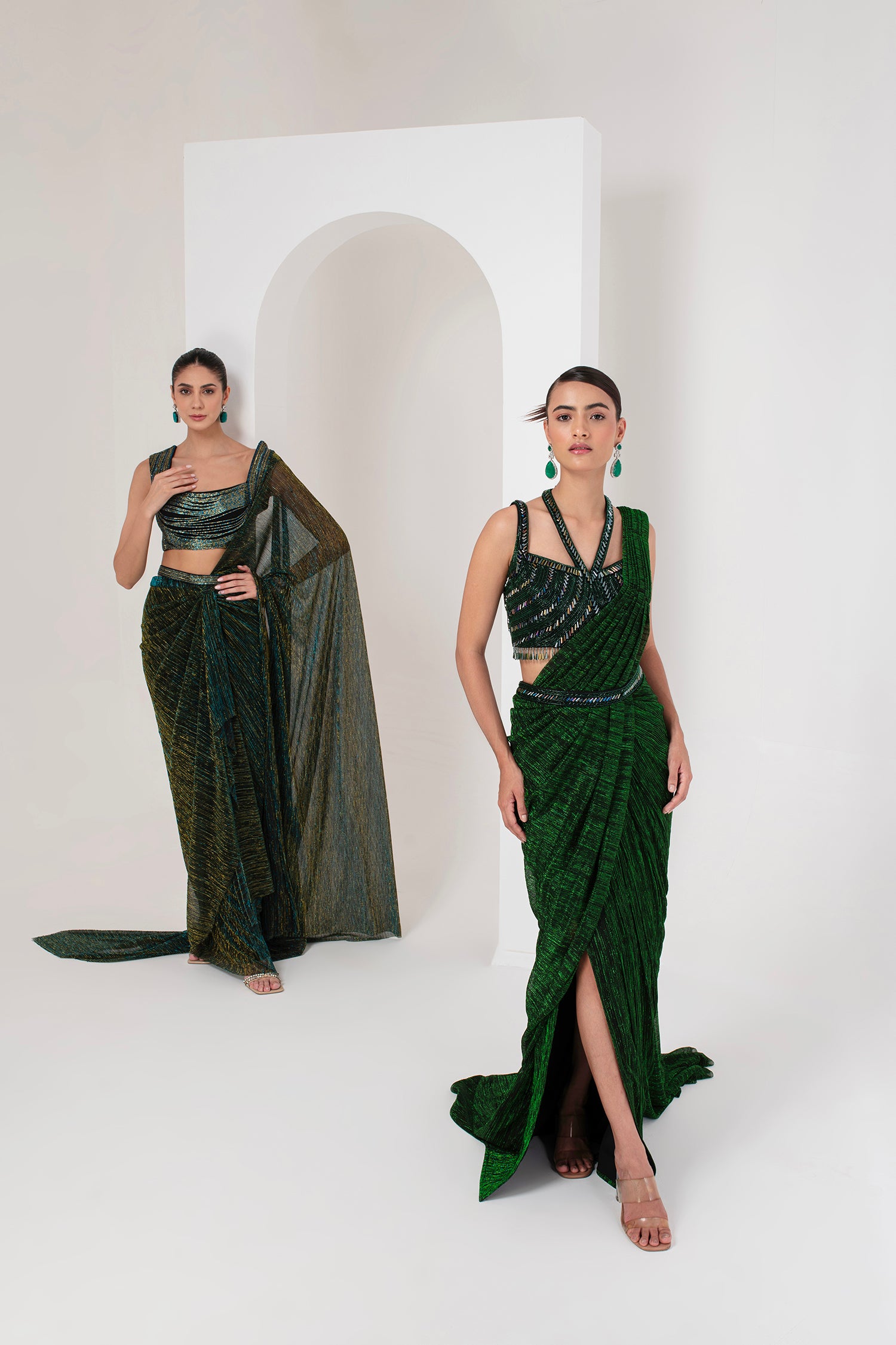 Midnight green, crystal embellished blouse, lurex saree & belt set