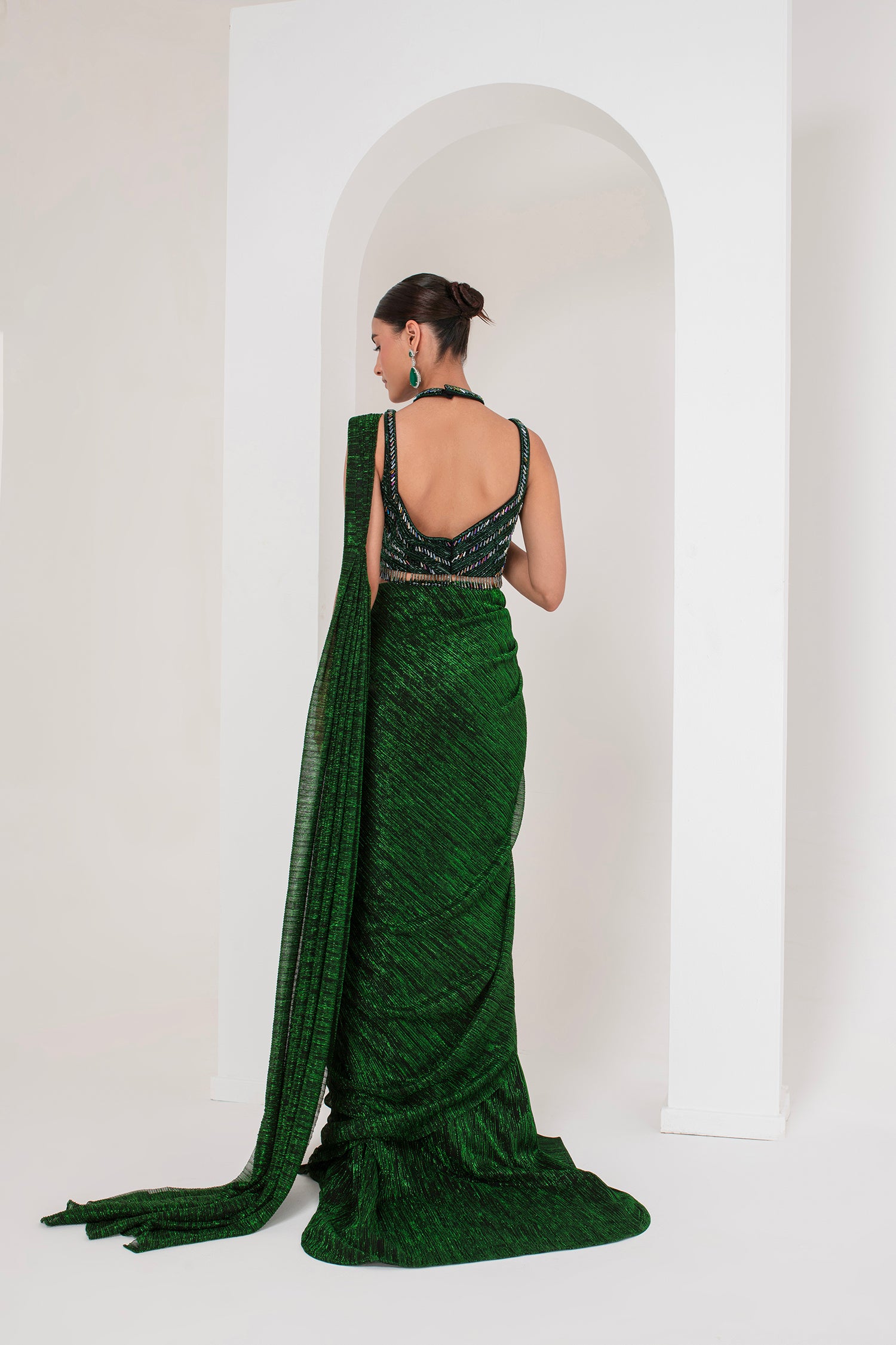 Midnight green, crystal embellished blouse, lurex saree & belt set