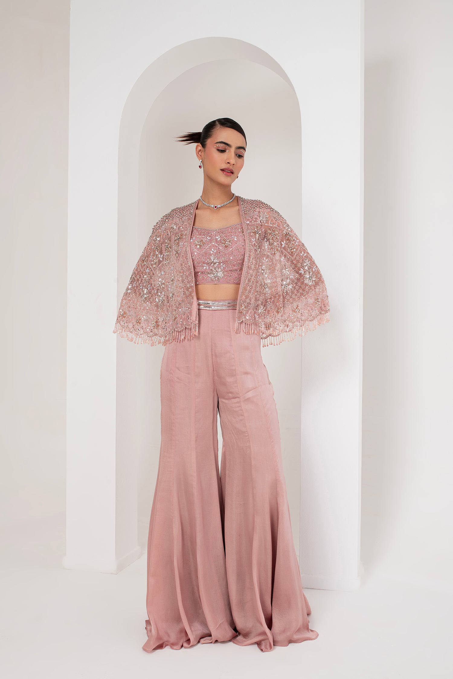Pastel pink blouse, embellished cape & sharara set