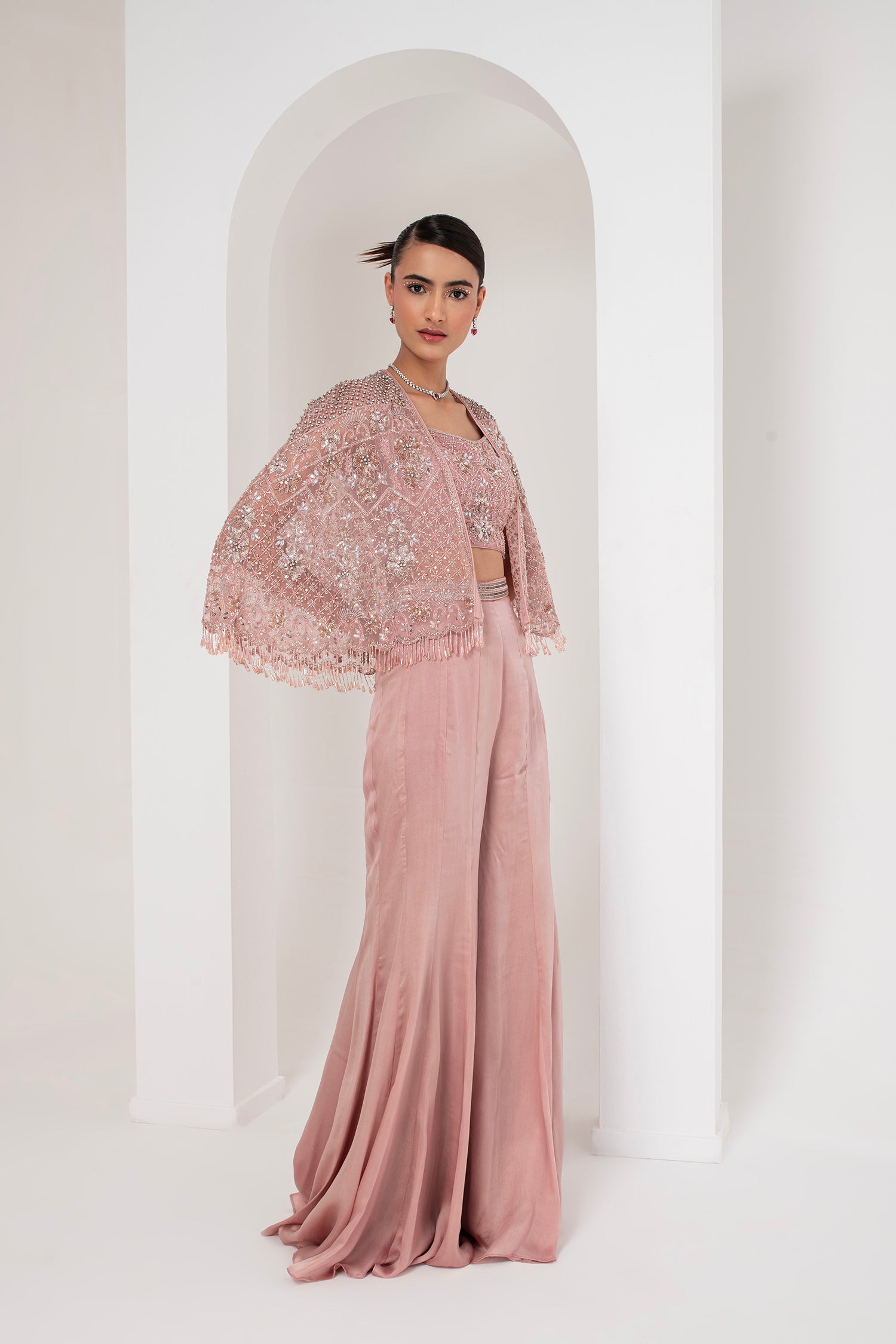 Pastel pink blouse, embellished cape & sharara set