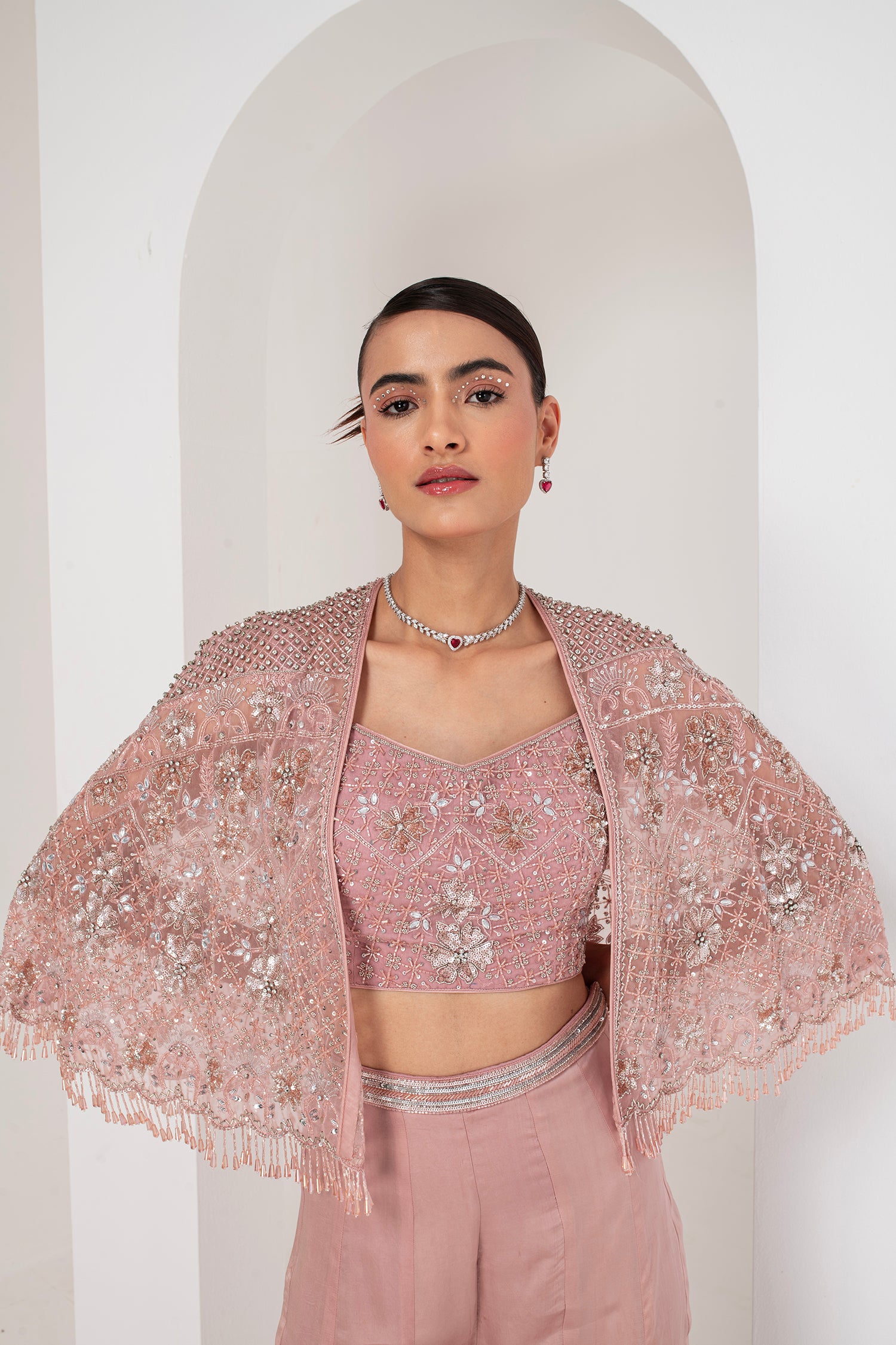 Pastel pink blouse, embellished cape & sharara set