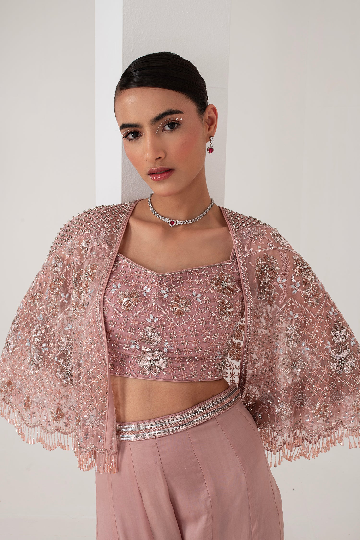 Pastel pink blouse, embellished cape & sharara set