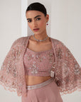 Pastel pink blouse, embellished cape & sharara set