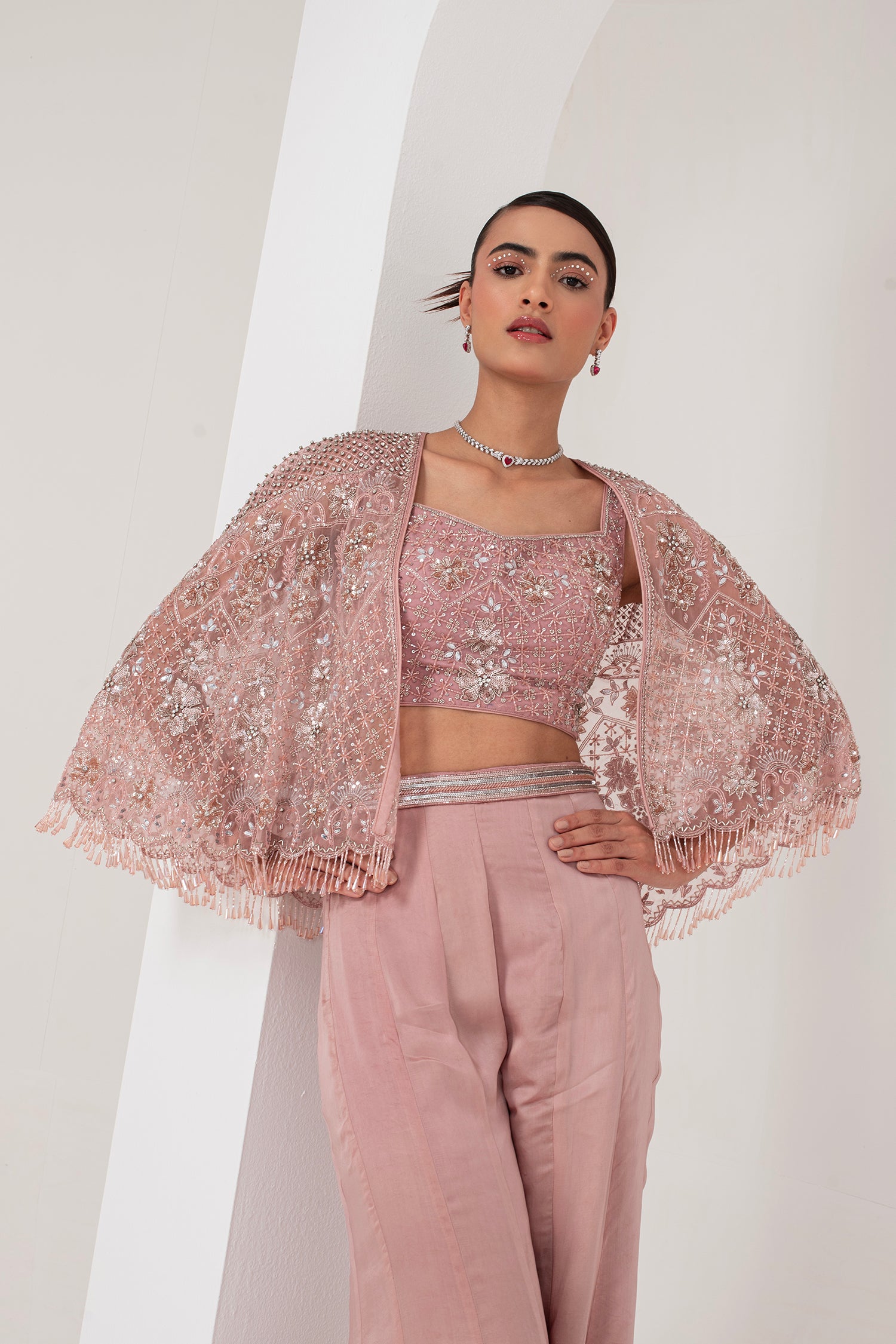 Pastel pink blouse, embellished cape & sharara set
