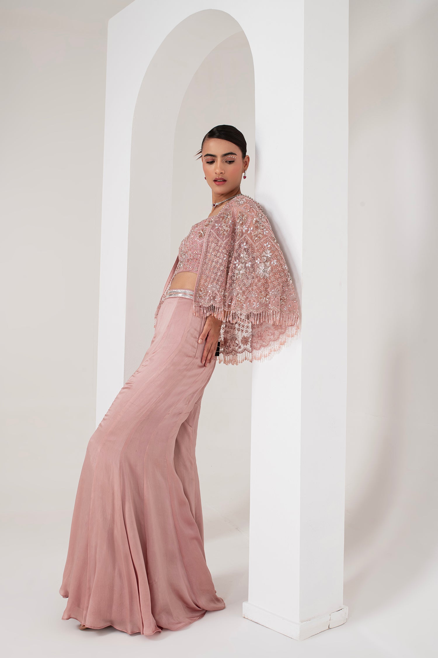 Pastel pink blouse, embellished cape & sharara set