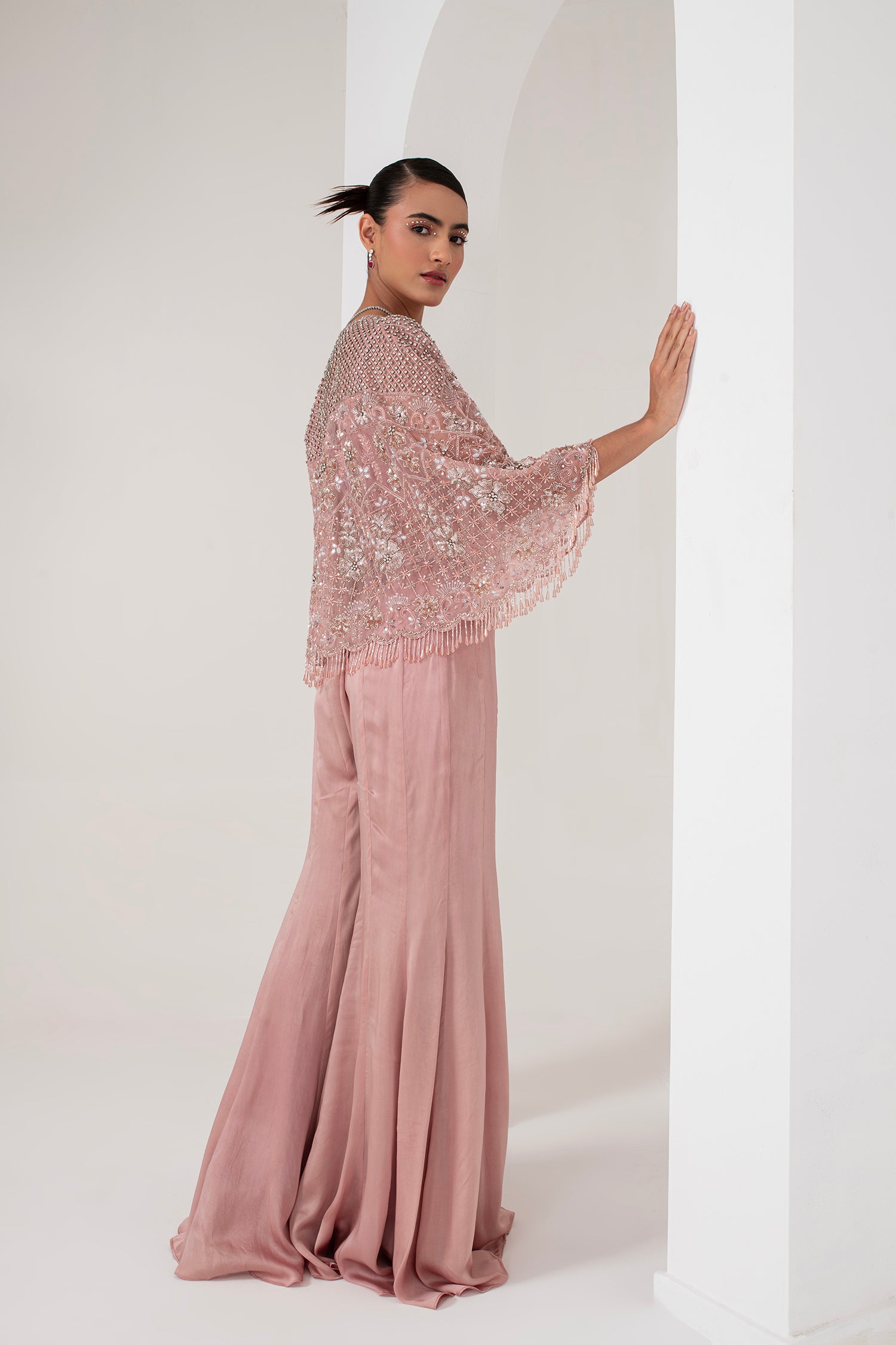 Pastel pink blouse, embellished cape & sharara set