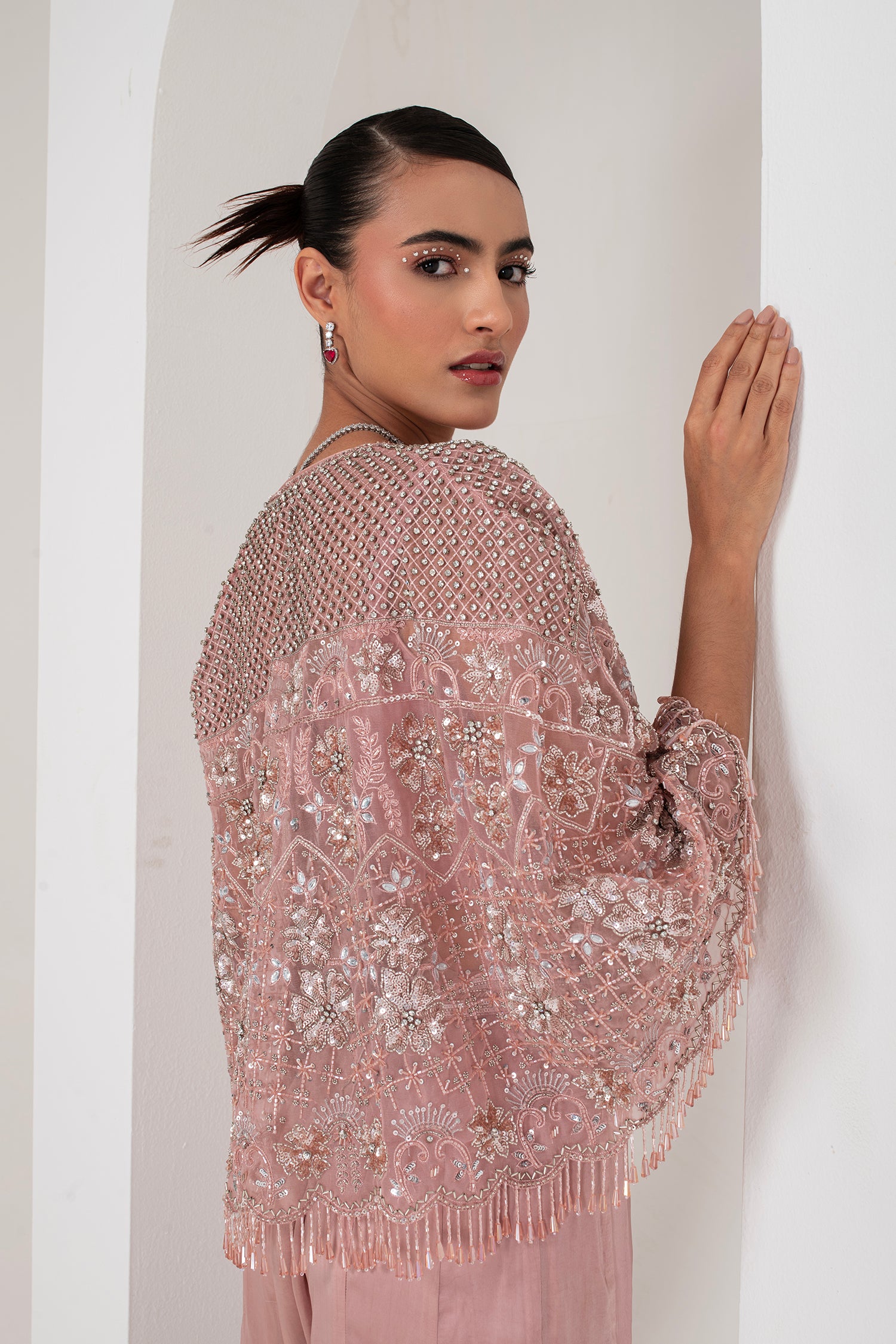 Pastel pink blouse, embellished cape & sharara set