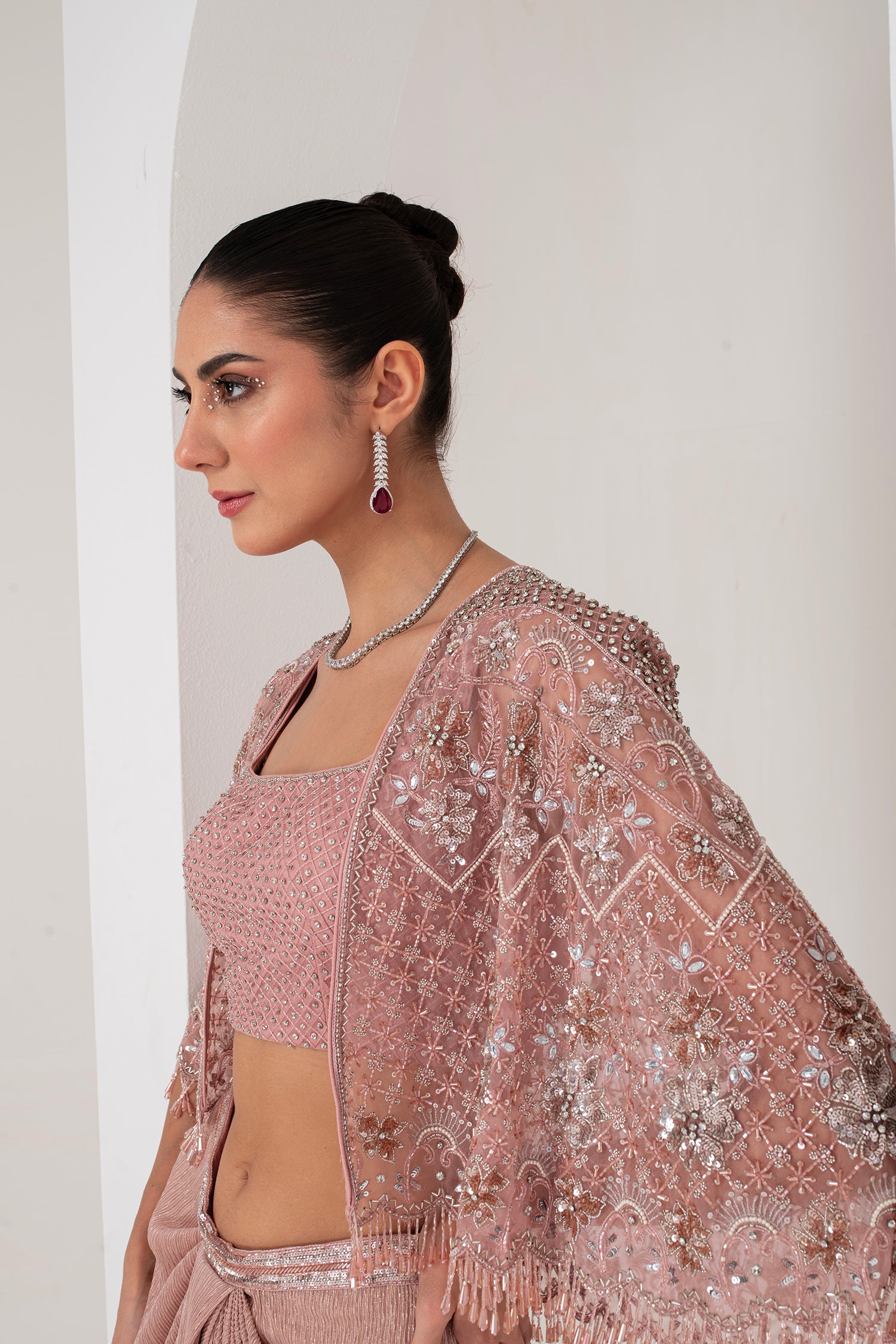 Lavender crystal hanging blouse & lurex saree
