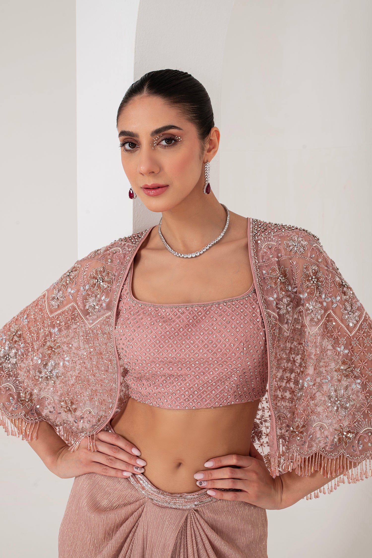 Lavender crystal hanging blouse & lurex saree