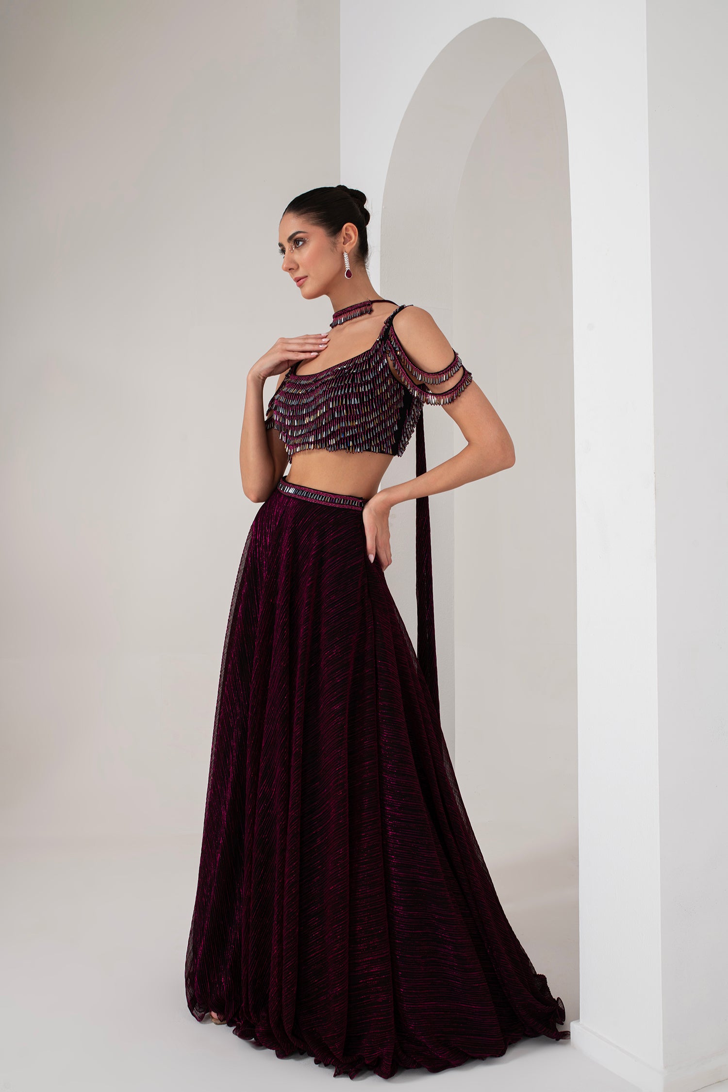 Black base with pink lurex crystal hanging blouse with lehenga