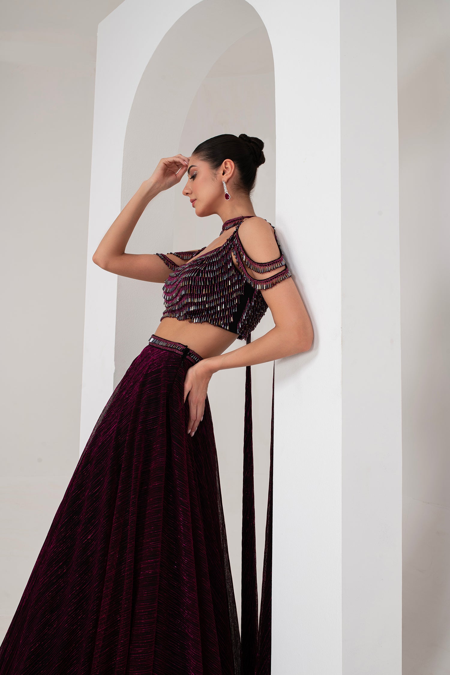 Black base with pink lurex crystal hanging blouse with lehenga