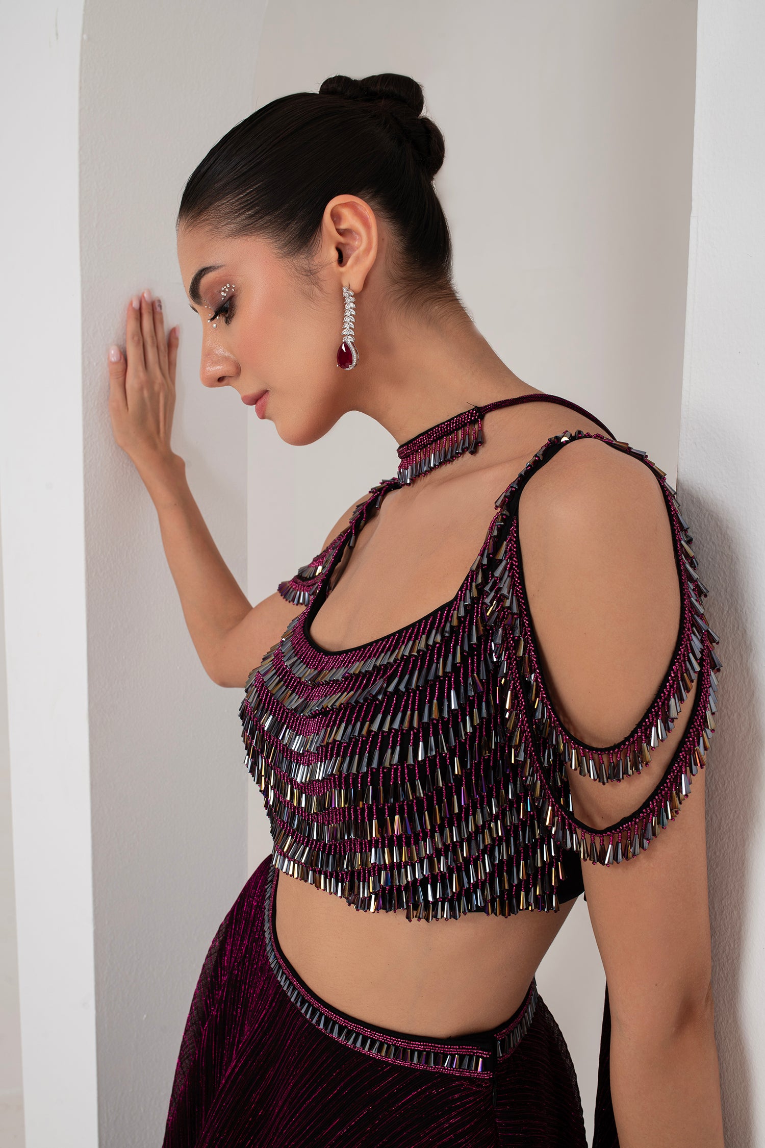 Black base with pink lurex crystal hanging blouse with lehenga