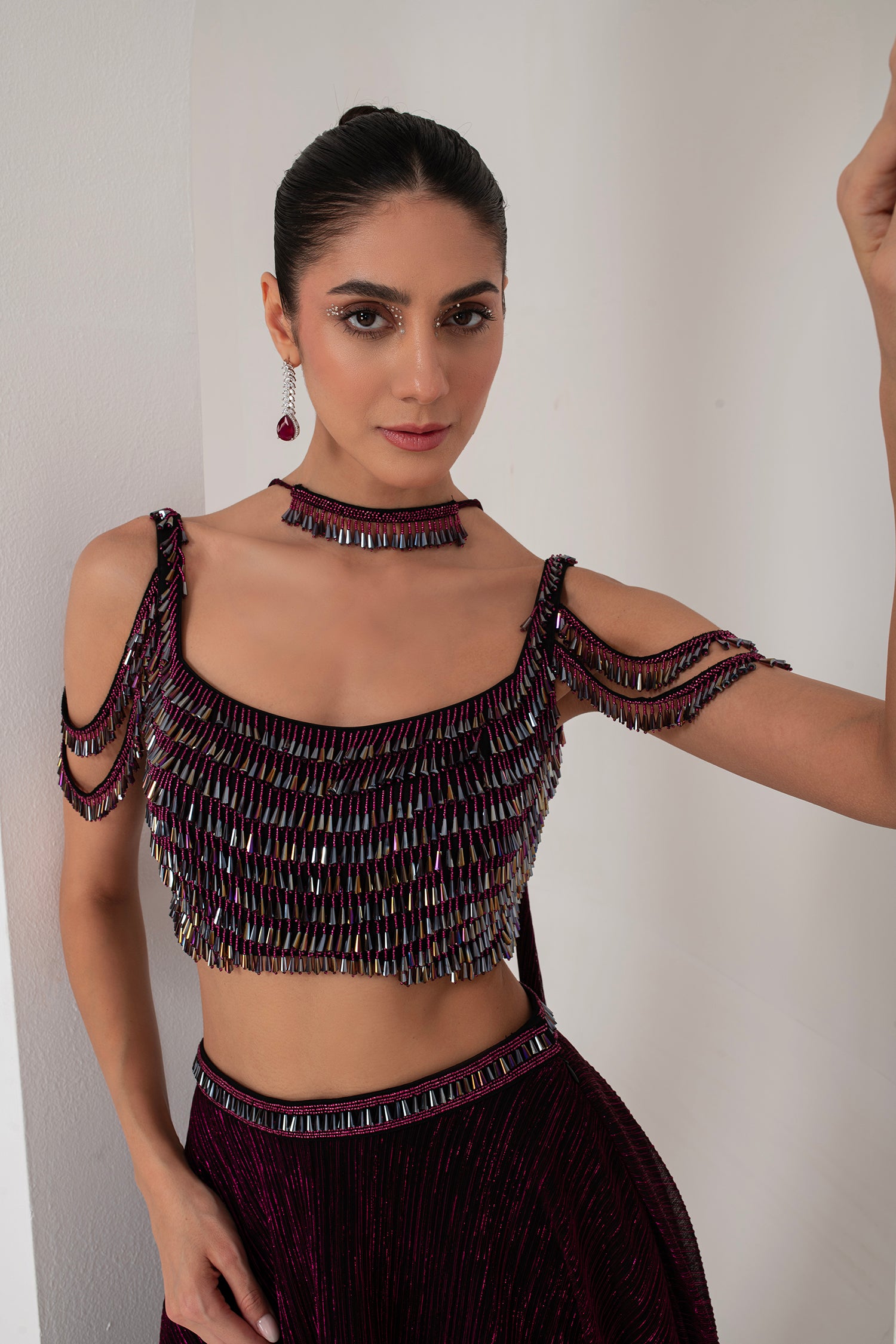 Black base with pink lurex crystal hanging blouse with lehenga