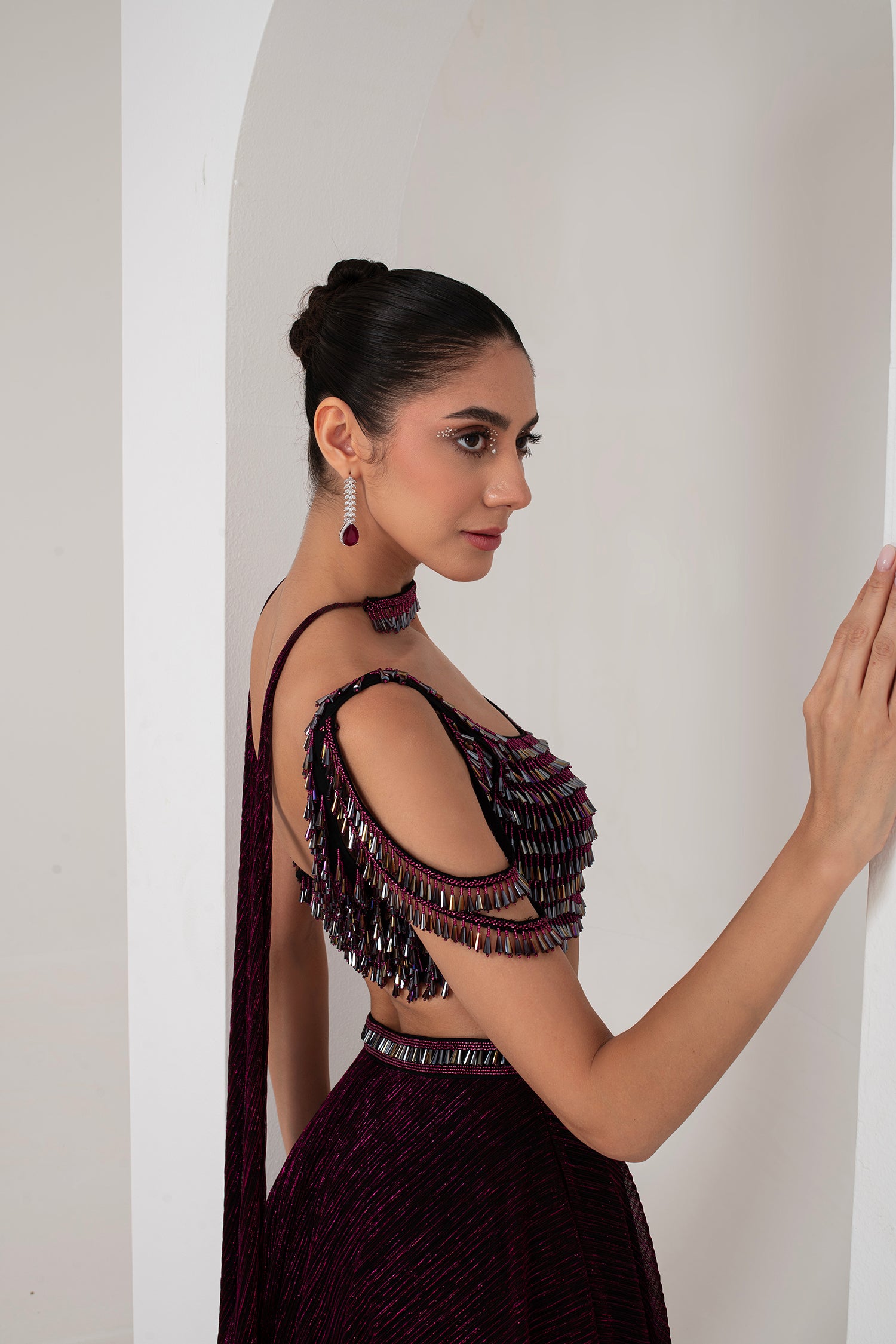 Black base with pink lurex crystal hanging blouse with lehenga