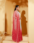 Intricately Sequin Embroidered Light Blue and Coral Red Anarkali with Ombre Pleated Flare