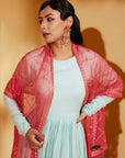 Intricately Sequin Embroidered Light Blue and Coral Red Anarkali with Ombre Pleated Flare