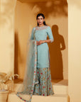 Teal Overlapping Angrakha Anarkali with Banarasee Bandhani Dupatta