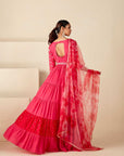 Teal Angrakha Anarkali with Dori Tassels and Banarasee Bandhani Dupatta - Crepe Silk