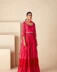 Teal Angrakha Anarkali with Dori Tassels and Banarasee Bandhani Dupatta - Crepe Silk