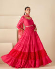 Teal Angrakha Anarkali with Dori Tassels and Banarasee Bandhani Dupatta - Crepe Silk