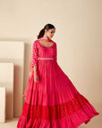 Teal Angrakha Anarkali with Dori Tassels and Banarasee Bandhani Dupatta - Crepe Silk