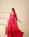 Teal Angrakha Anarkali with Dori Tassels and Banarasee Bandhani Dupatta - Crepe Silk