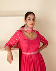 Teal Angrakha Anarkali with Dori Tassels and Banarasee Bandhani Dupatta - Crepe Silk