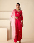 Hand Embroidered Anarkali with Elephant Arch Sleeves and Bandhani Dupatta
