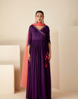 Teal Angrakha Anarkali with Embroidered Cuff and Bandhani Dupatta